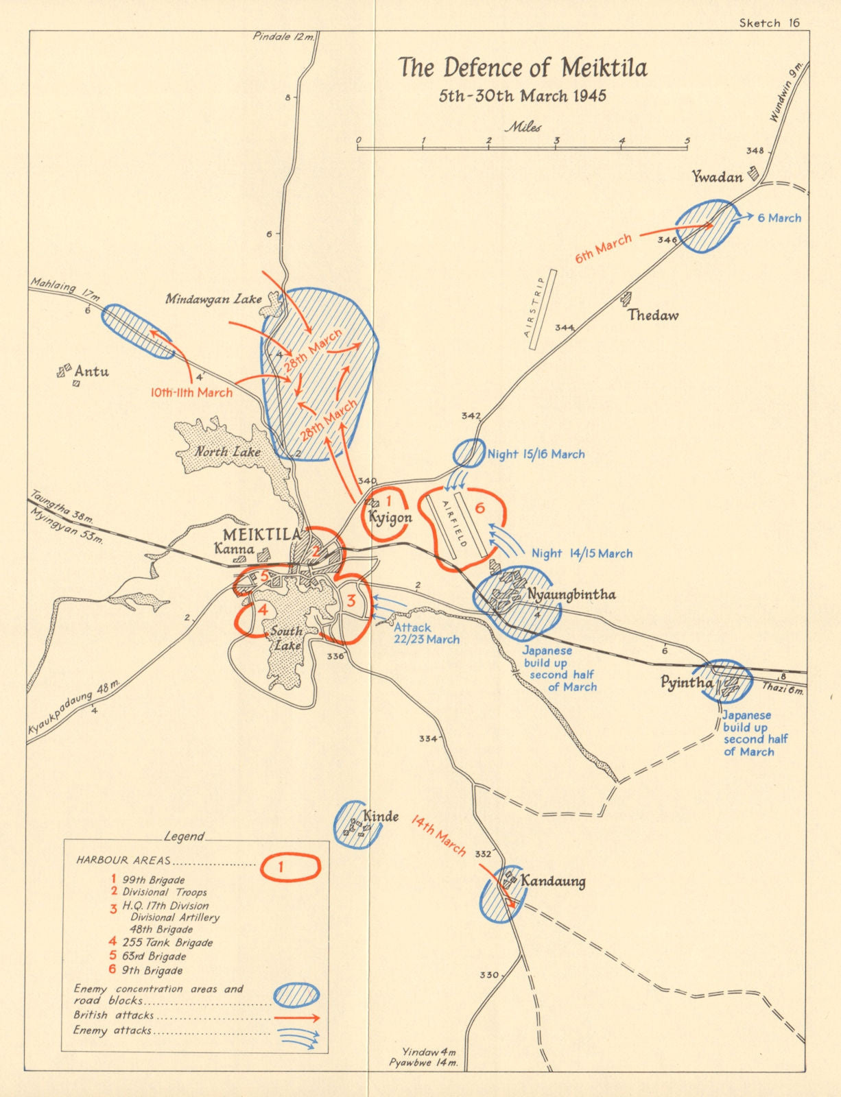 Defence of Meiktila 5-30 March 1945. Burma Campaign. World War 2 1965 old map